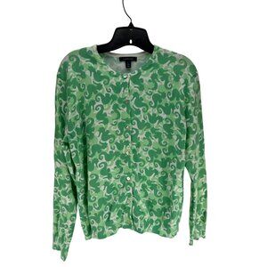 Lands End Womens Green Seahorse Print Cardigan Sweater L